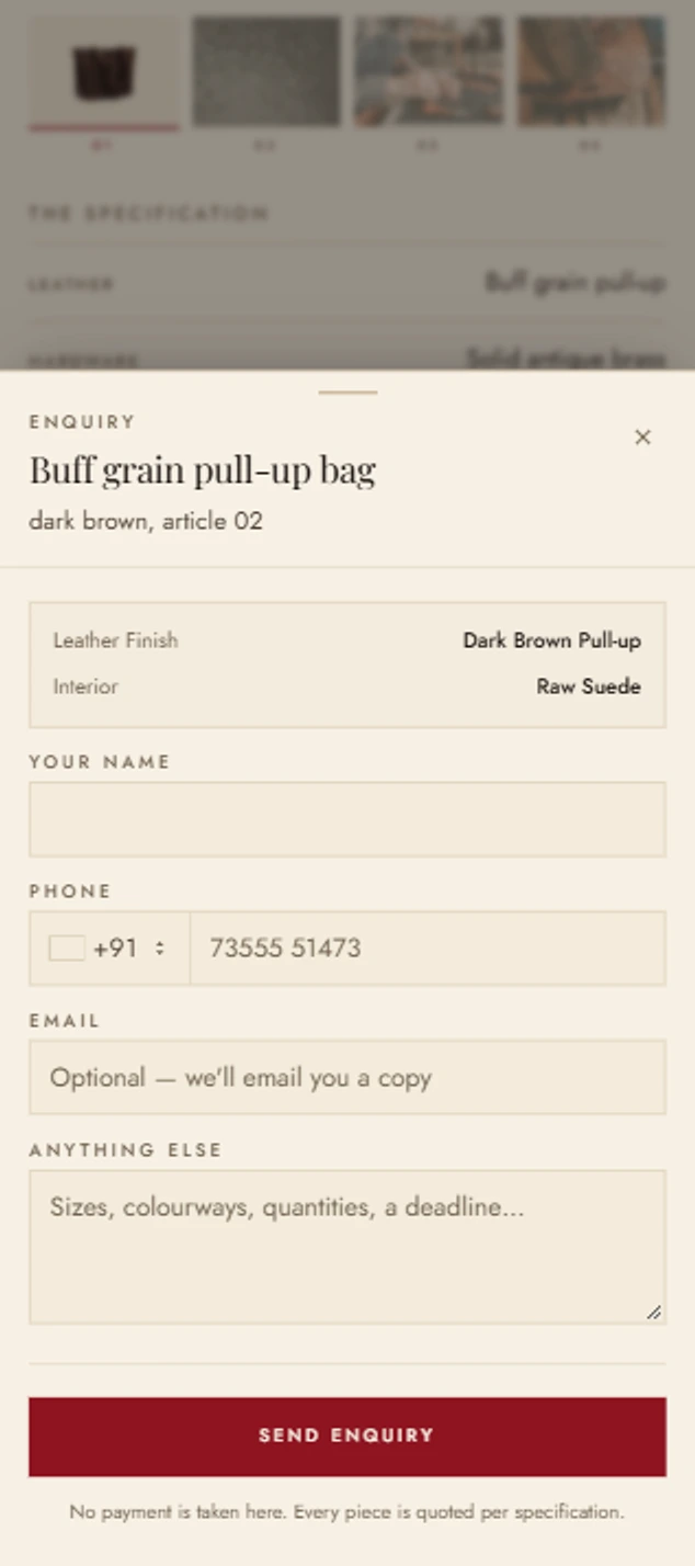 The enquiry sheet on a phone, carrying the chosen leather finish and interior above fields for name, phone and email.