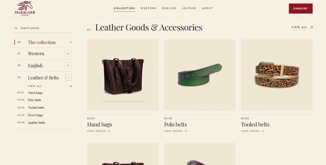 The Leather Goods & Accessories index: a sidebar of numbered product lines beside a grid of hand bags, polo belts and tooled belts.