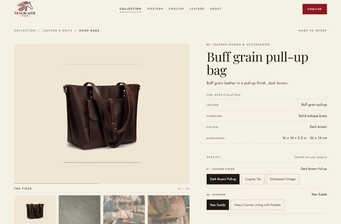 A product page for a buff grain pull-up bag, with its specification table and choices for leather finish and interior.