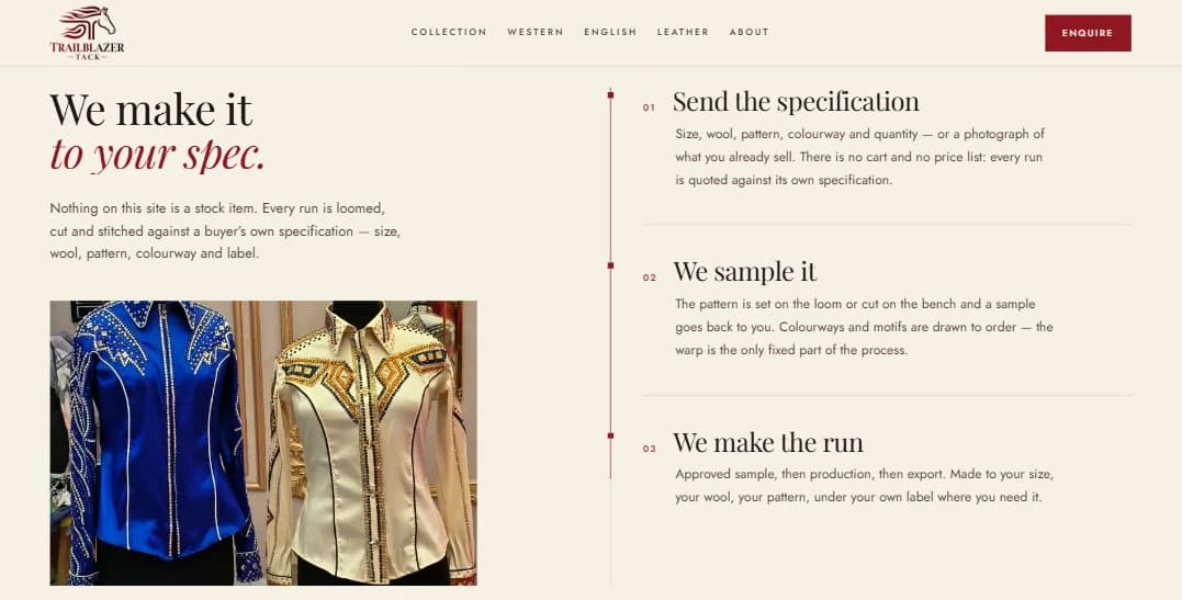 The home page section “We make it to your spec”, listing three steps: send the specification, we sample it, we make the run.