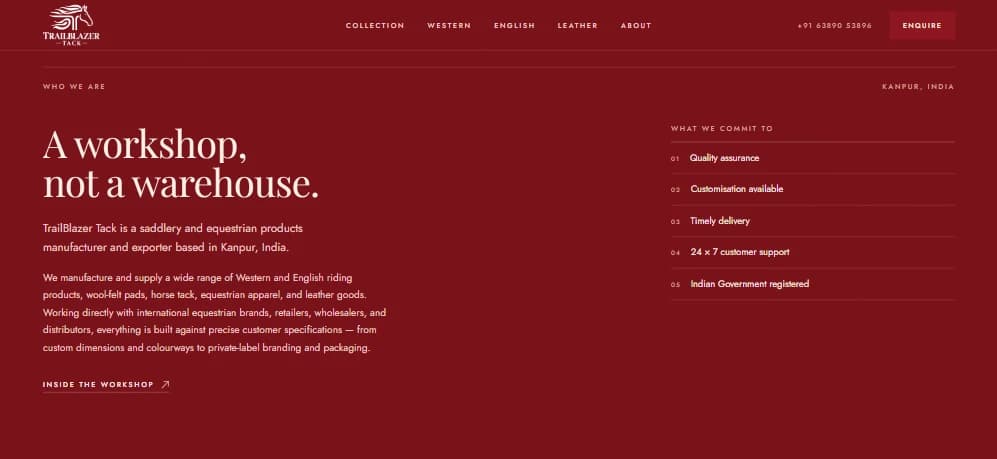 A deep red section headed “A workshop, not a warehouse.” beside the workshop's five commitments.