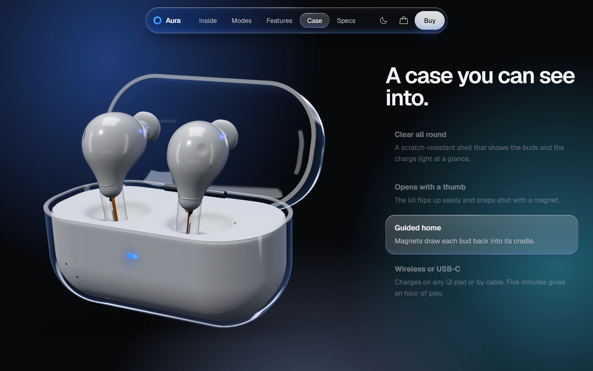 The clear charging case open at about 112 degrees, both earbuds lifted out of their cradles, beside the caption list with “Guided home” highlighted.