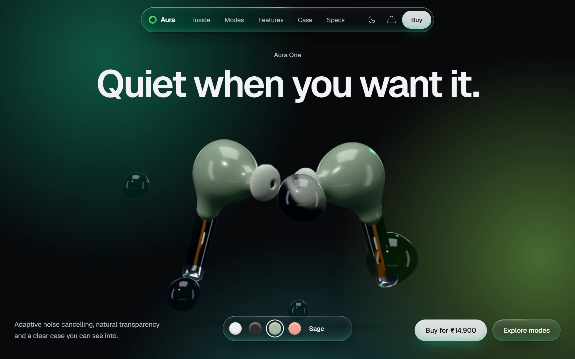 Aura One in Sage: pale green earbuds on green light.