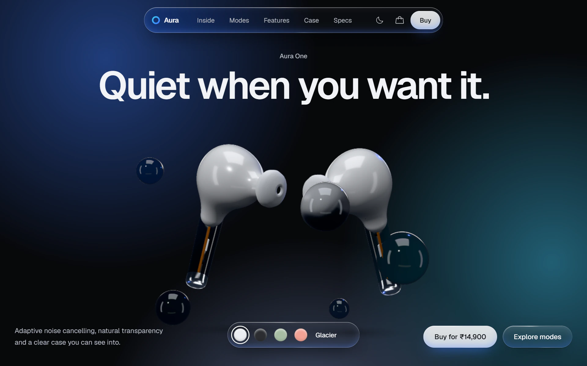 The Aura One home page in dark mode: the headline “Quiet when you want it.” above two floating white earbuds and glass droplets, with a glass nav bar and colour picker on deep blue light.