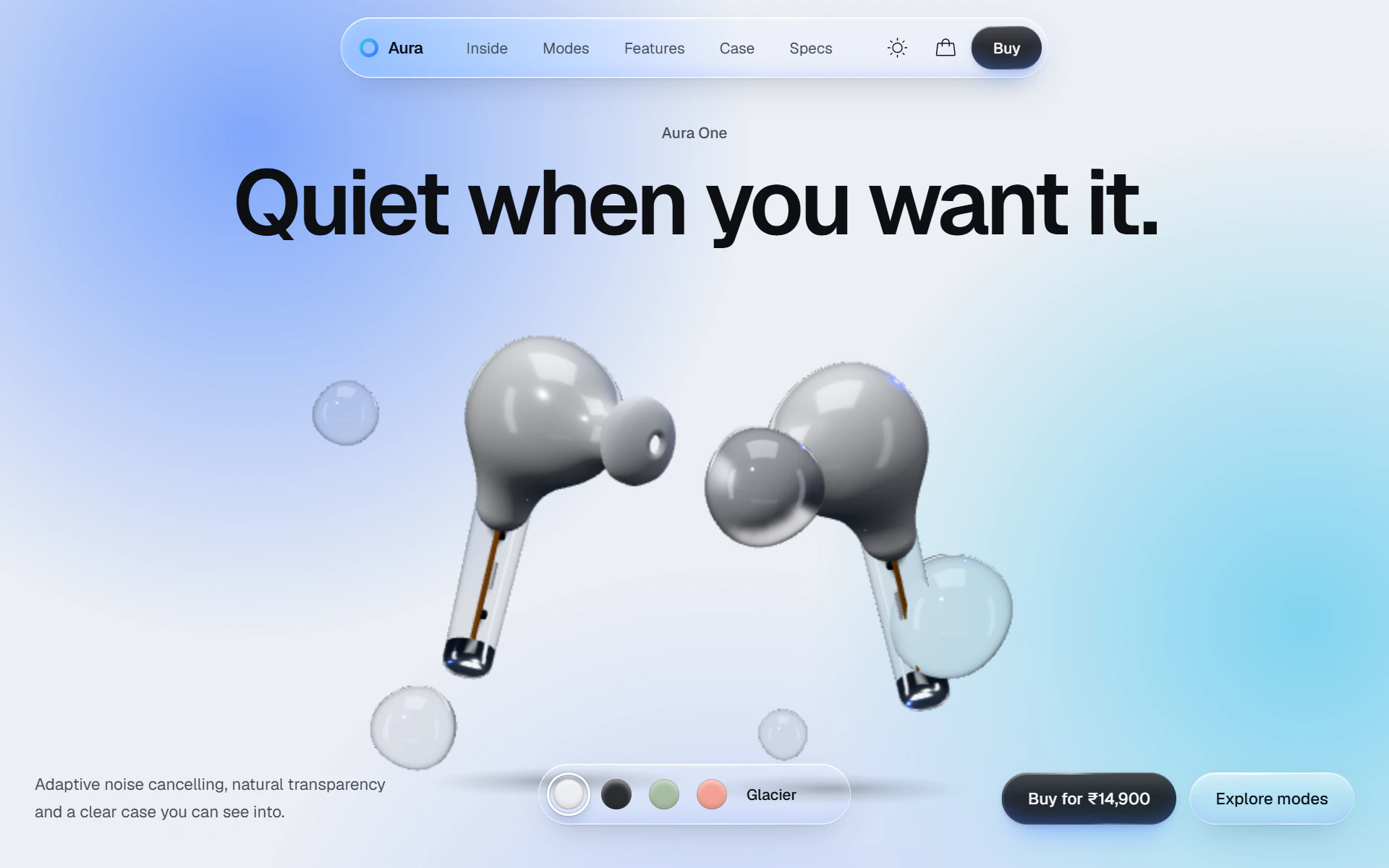 The Aura One home page in light mode: the headline “Quiet when you want it.” above two floating white earbuds, a glass nav bar and a glass colour picker on pale blue light.