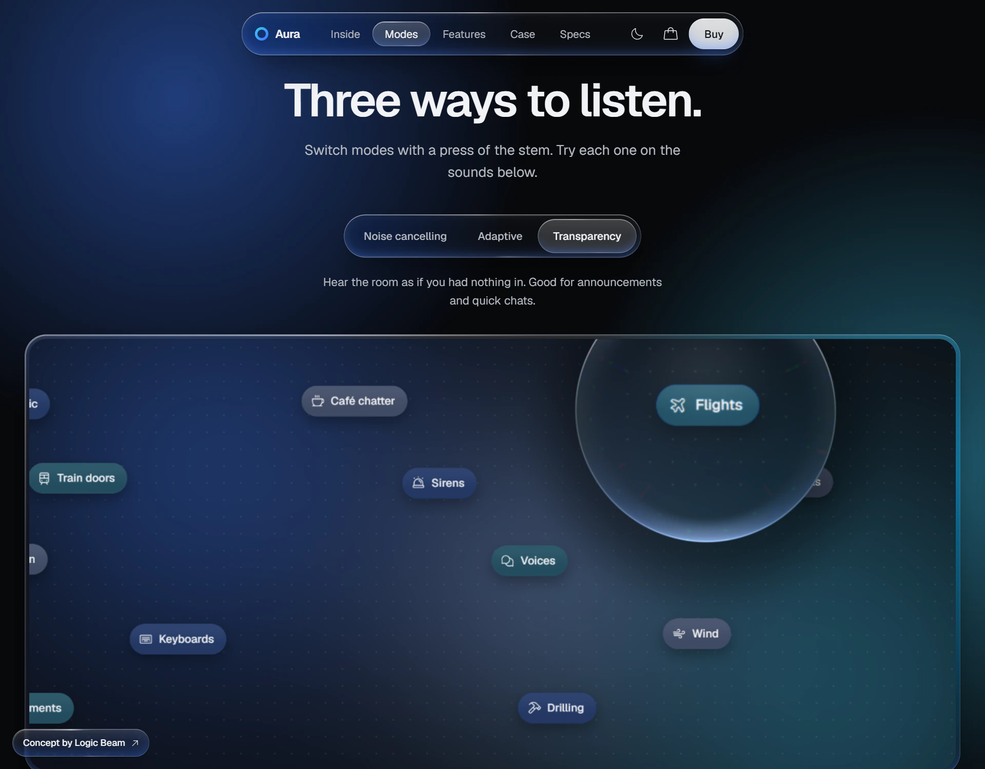 The “Three ways to listen.” section with Transparency selected: a round glass lens magnifying a “Flights” sound among pills for café chatter, sirens, voices, wind and drilling.