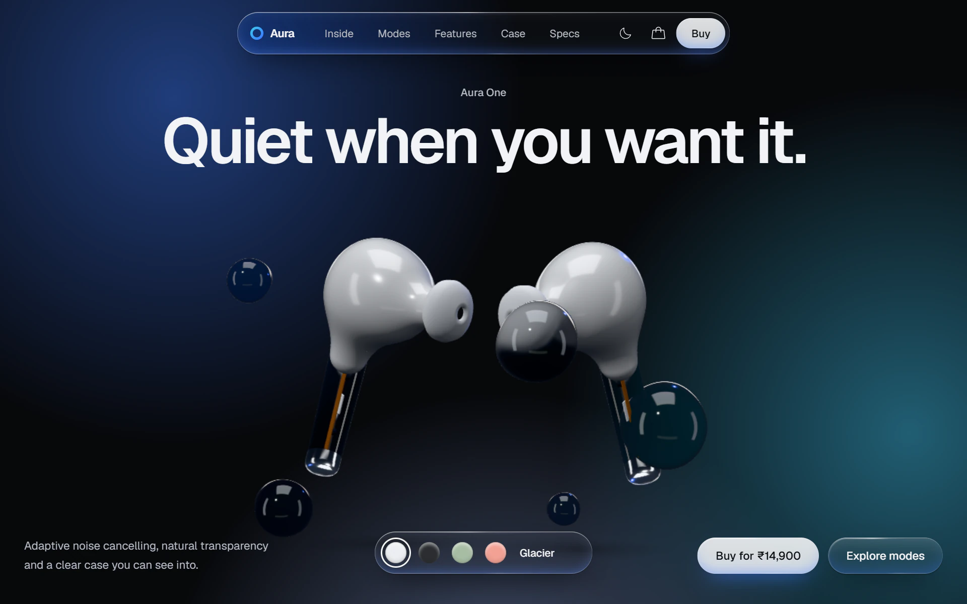 Aura One scrolling from its hero, two earbuds floating under the headline, into the breakdown, where one bud turns to glass and its parts come out one by one.