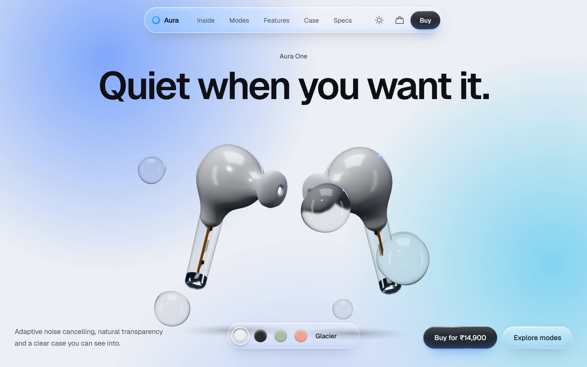 Aura One scrolling from its hero, two earbuds floating under the headline, into the breakdown, where one bud turns to glass and its parts come out one by one.