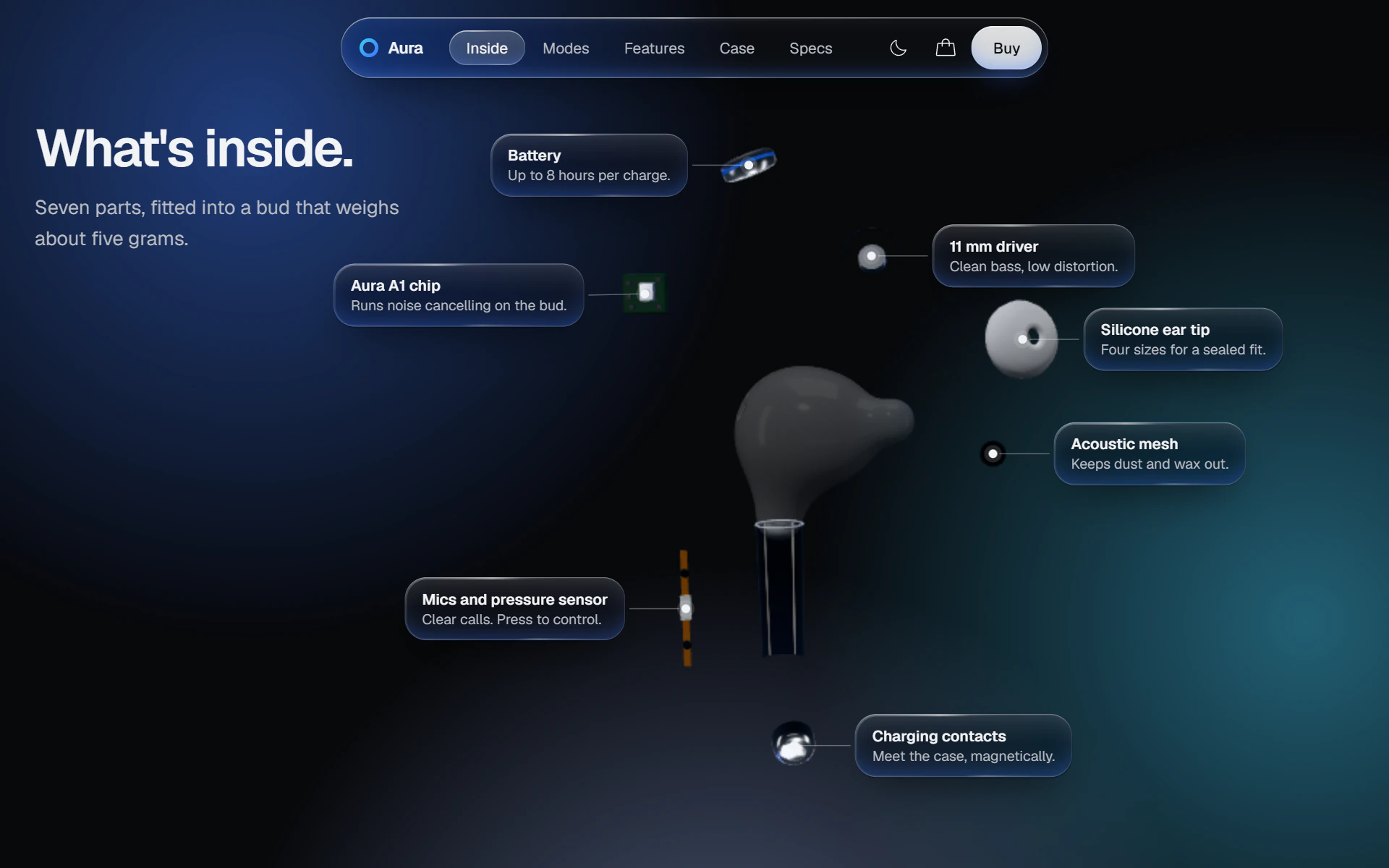 The “What's inside.” breakdown in dark mode: a glass earbud with seven labelled parts floating around it.