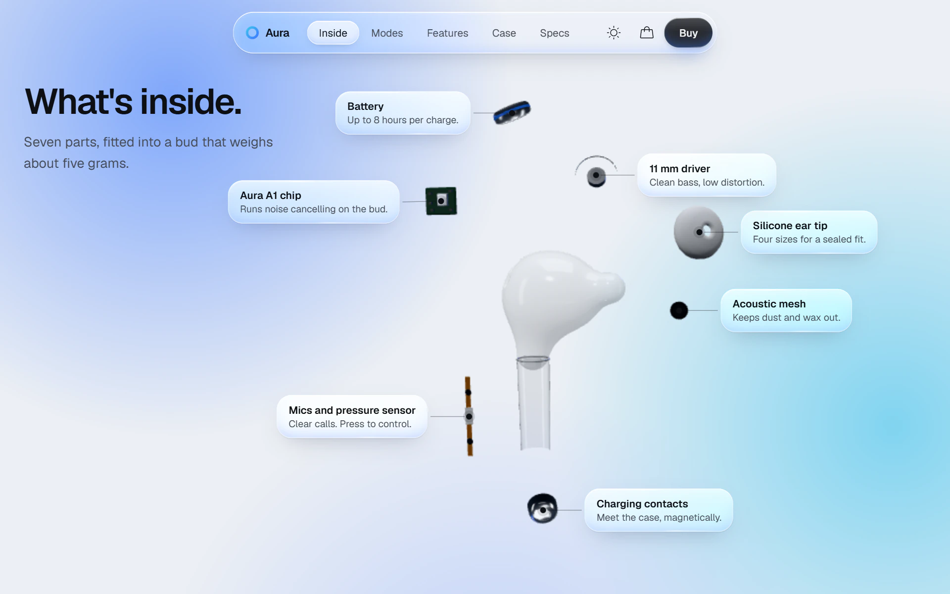 The “What's inside.” breakdown in light mode: one earbud with its battery, chip, driver, ear tip, acoustic mesh, mics and charging contacts pulled out around it, each with a glass label.