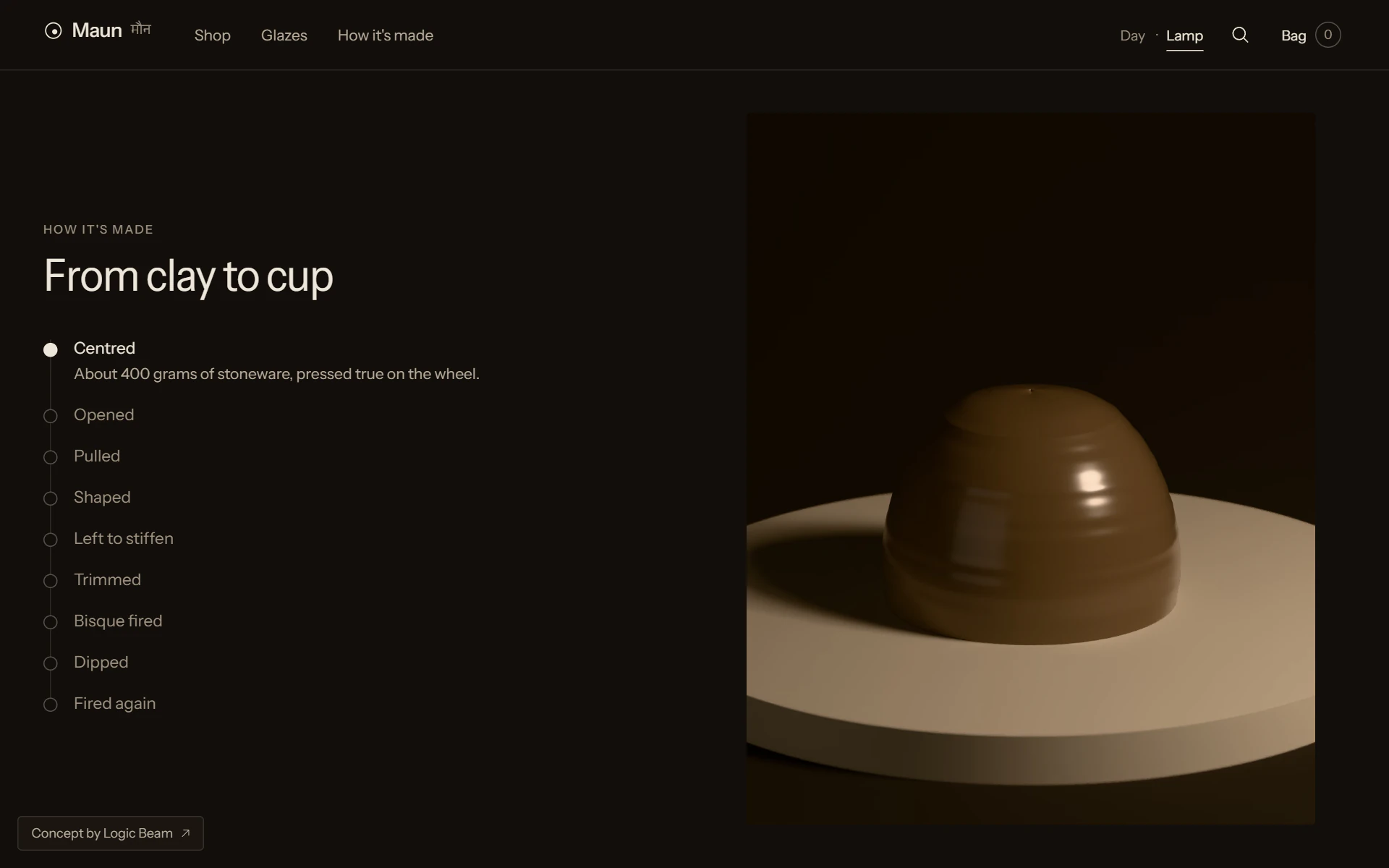 “From clay to cup” in Lamplight at its first step, Centred: a dome of wet clay on the wheel, beside the list of nine steps.