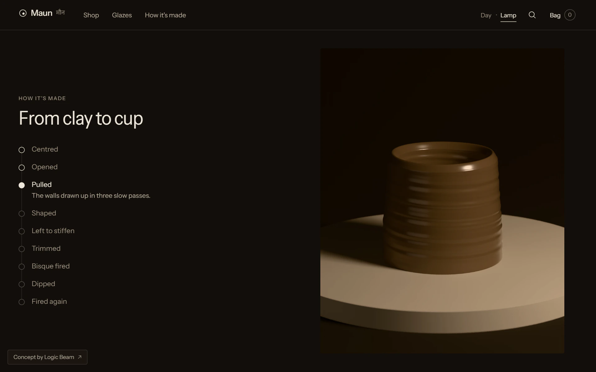 Pulled: the wet clay drawn up into a ridged cylinder on the wheel.