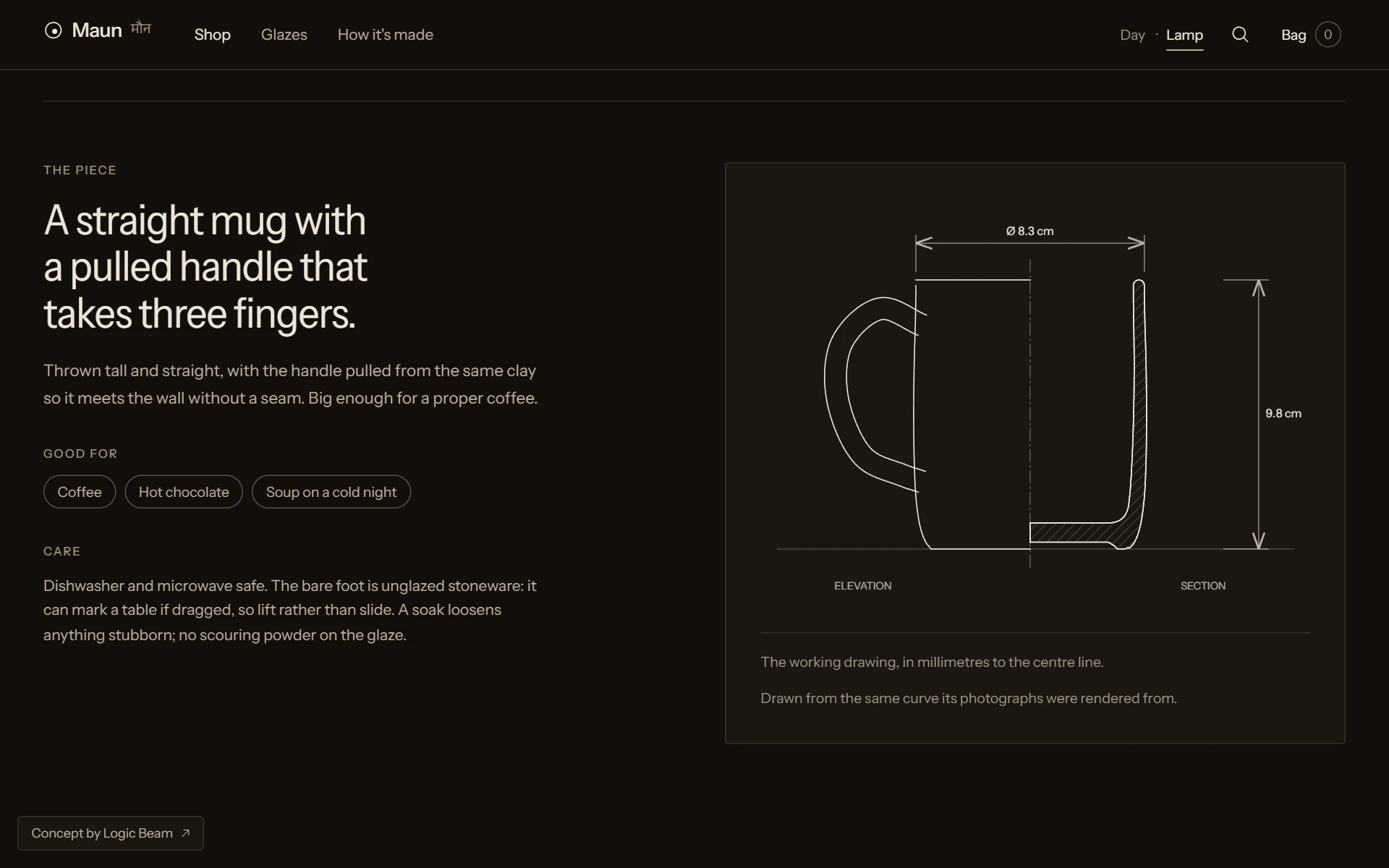 The mug's working drawing in Lamplight, in light lines on a dark panel, 9.8 cm tall and 8.3 cm across.