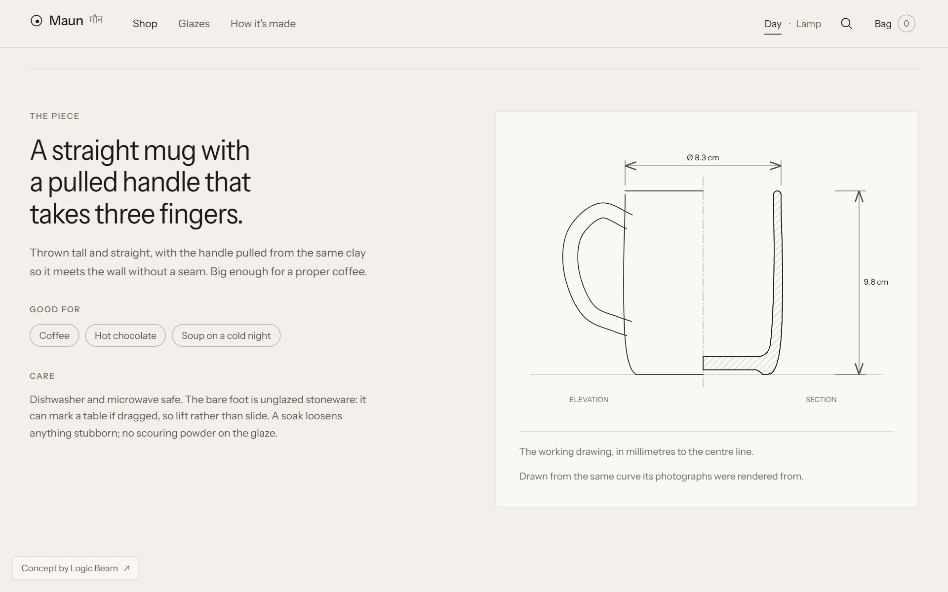 The mug's working drawing in Daylight: the elevation with its pulled handle on the left, the hatched section on the right, dimensioned 9.8 cm tall and 8.3 cm across the rim.