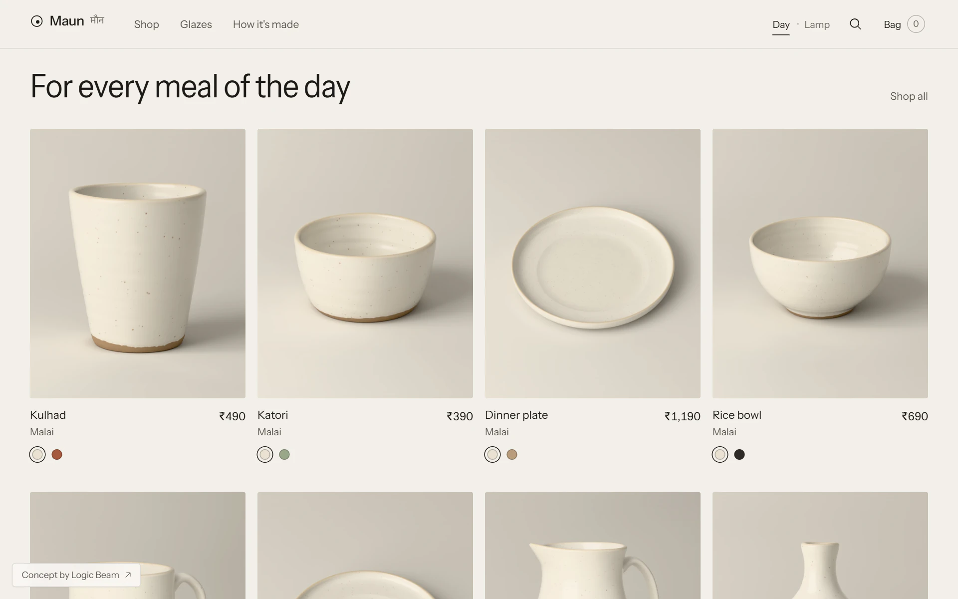 “For every meal of the day” in Daylight: a kulhad, a katori, a dinner plate and a rice bowl in cream Malai glaze.