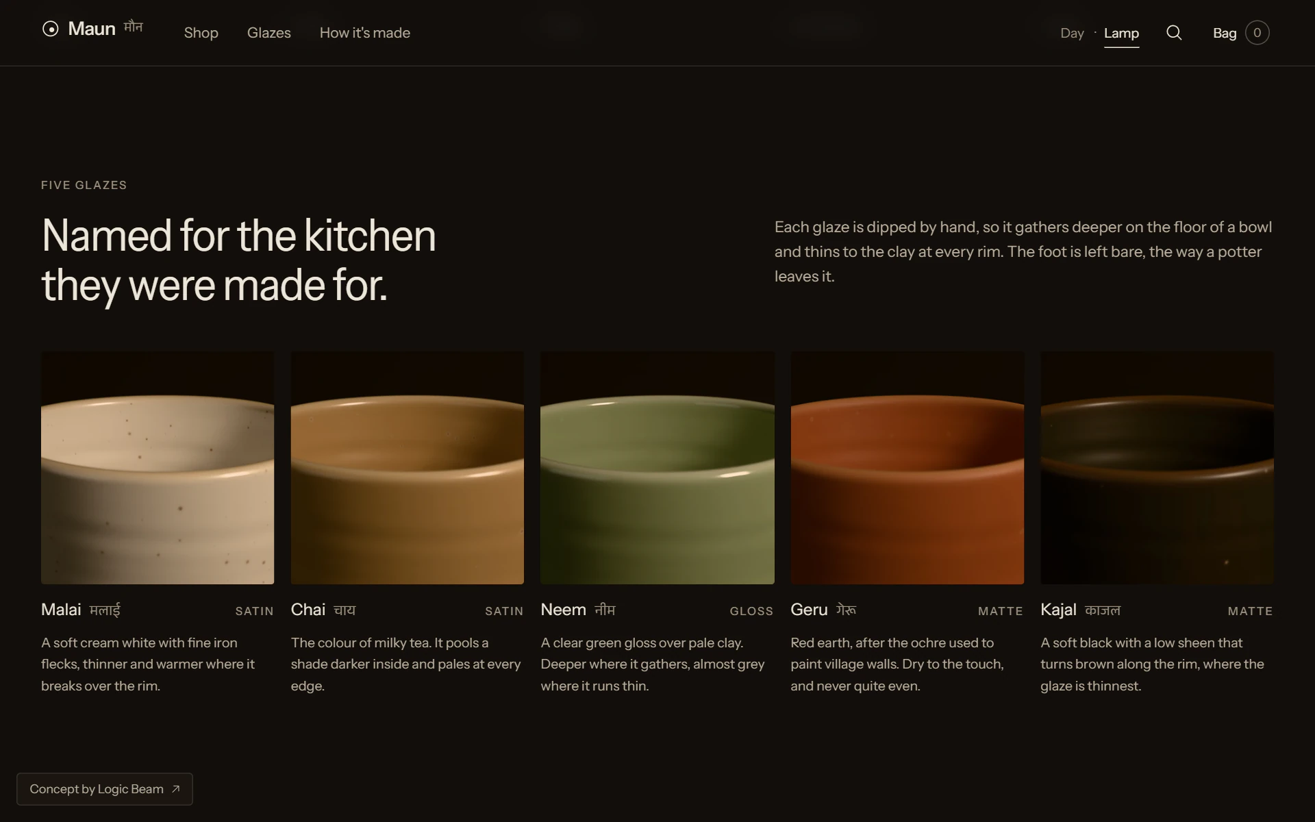 The same five glazes in Lamplight, warmer and darker under the lamp.