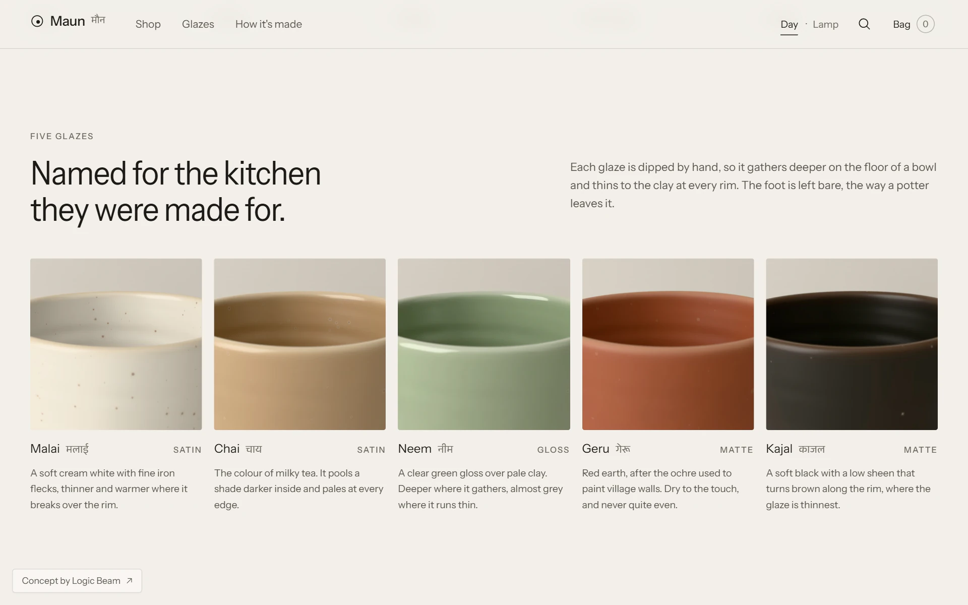 The five glazes in Daylight: close-ups of Malai, Chai, Neem, Geru and Kajal, each with its Hindi name and finish.