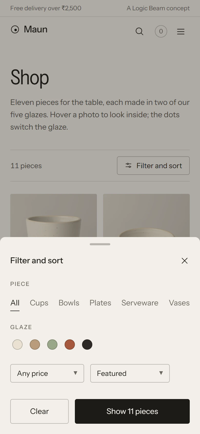 The Maun shop on a phone, with the filter sheet open: piece, glaze, price and sort, and a button to show 11 pieces.