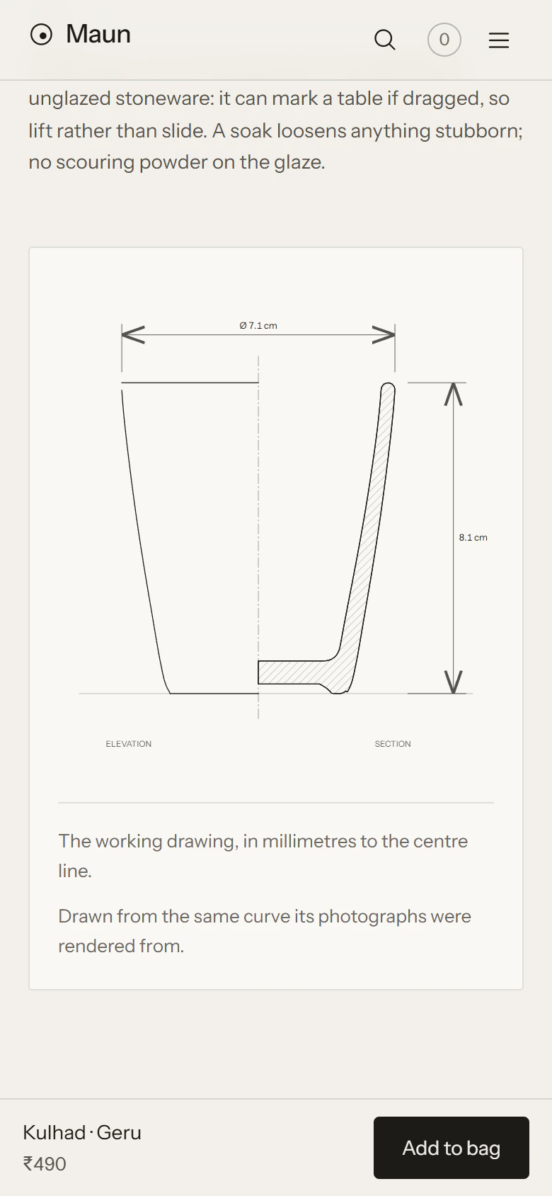 The kulhad's working drawing on a phone, with the Add to bag bar along the bottom of the screen.