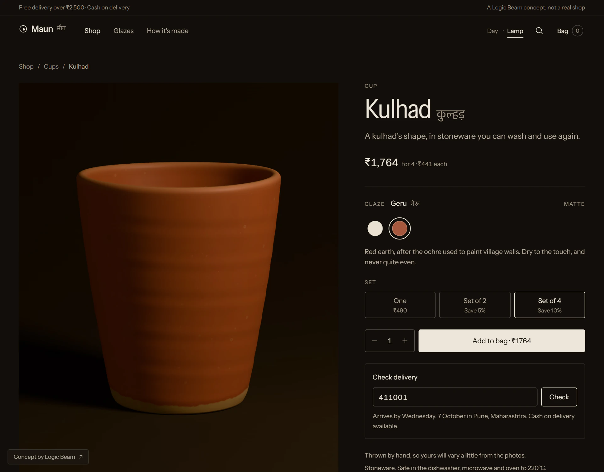 The kulhad's page in Lamplight, in Geru, with a set of four selected and a delivery estimate for Pune.