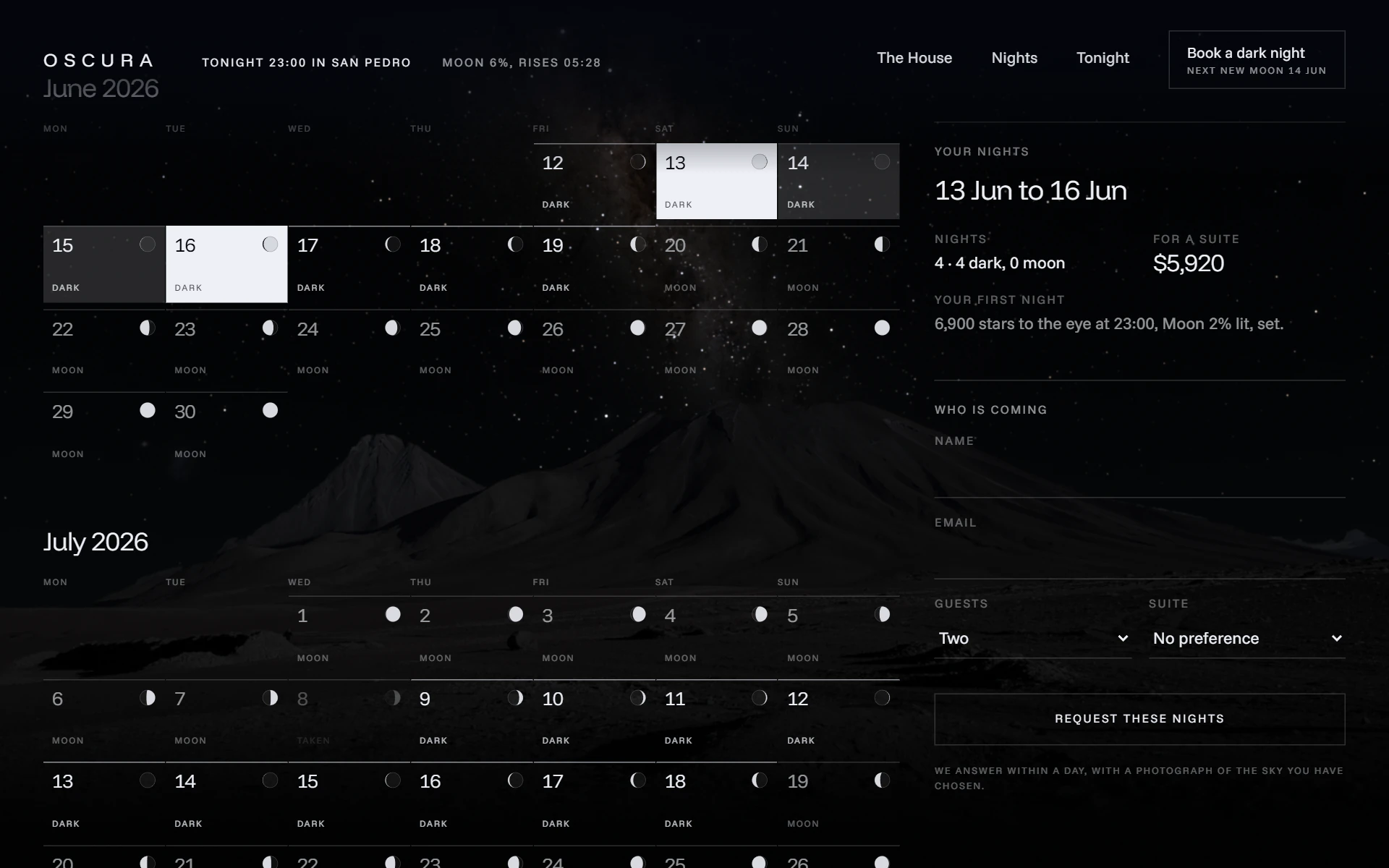 The booking calendar for June 2026 with the nights of 13 to 16 June picked: four dark nights, $5,920 for a suite.