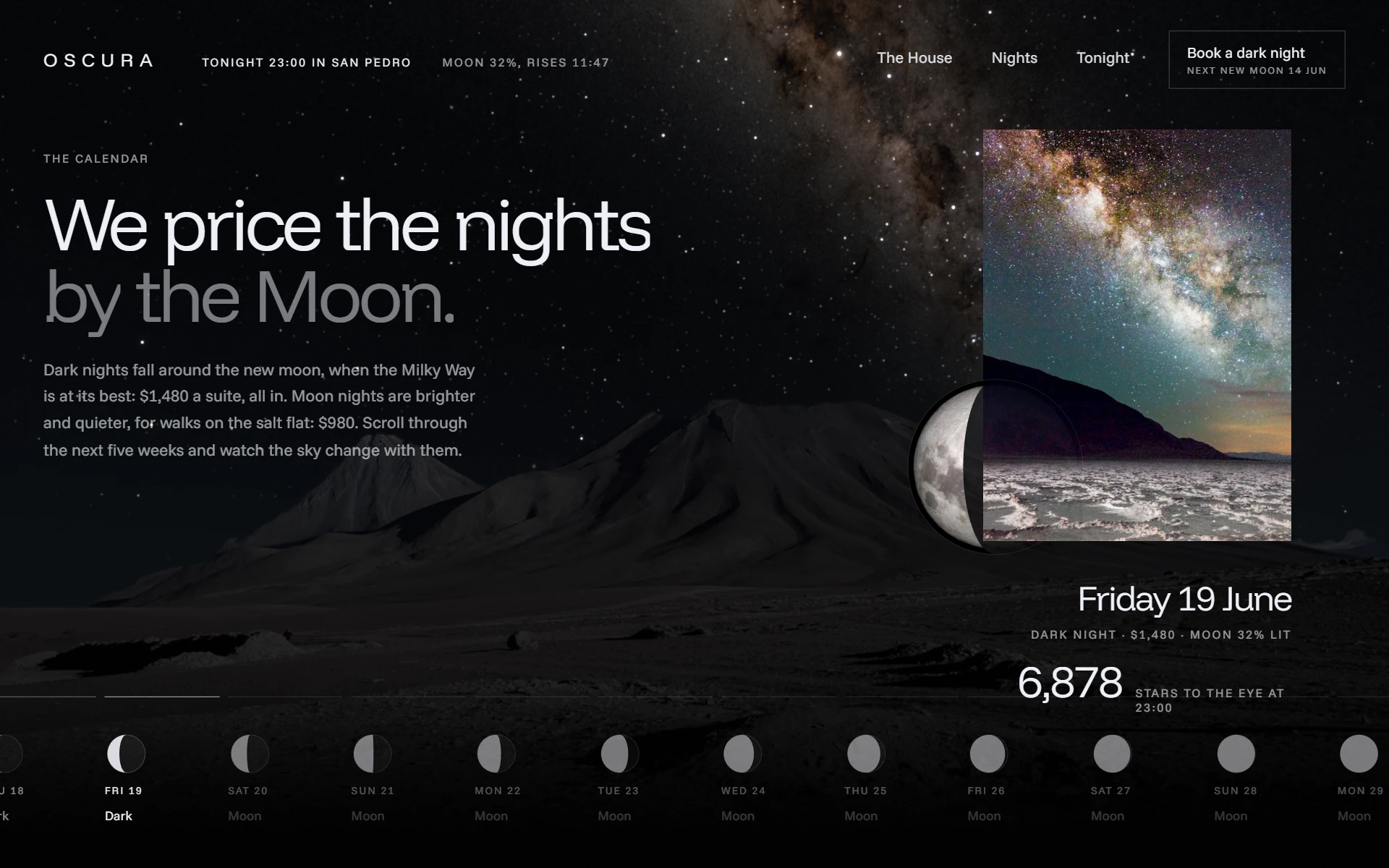 The calendar on Friday 19 June, a dark night at $1,480: a crescent Moon beside a photograph of the Milky Way over the desert, and 6,878 stars to the eye.