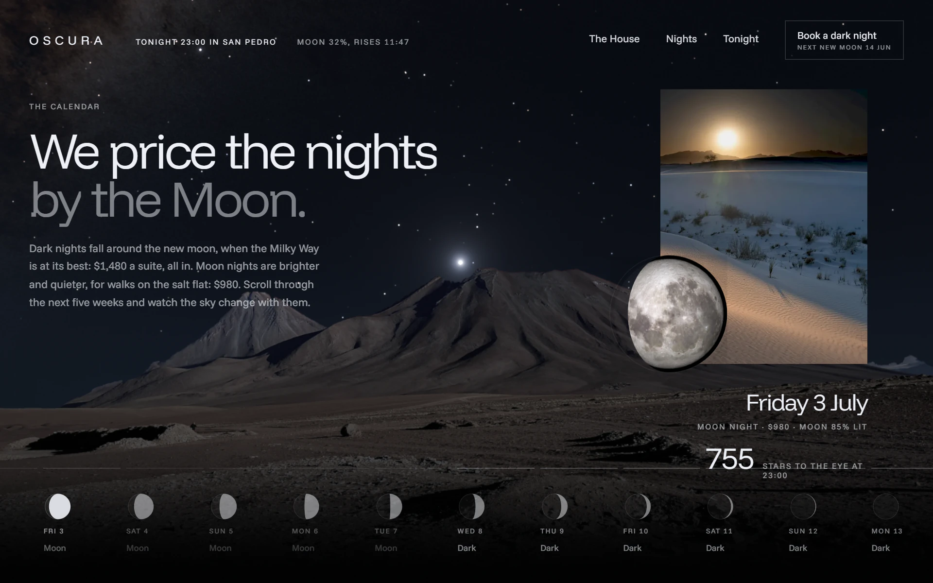 Friday 3 July, a moon night at $980: a nearly full Moon over the volcanoes, and 755 stars to the eye.