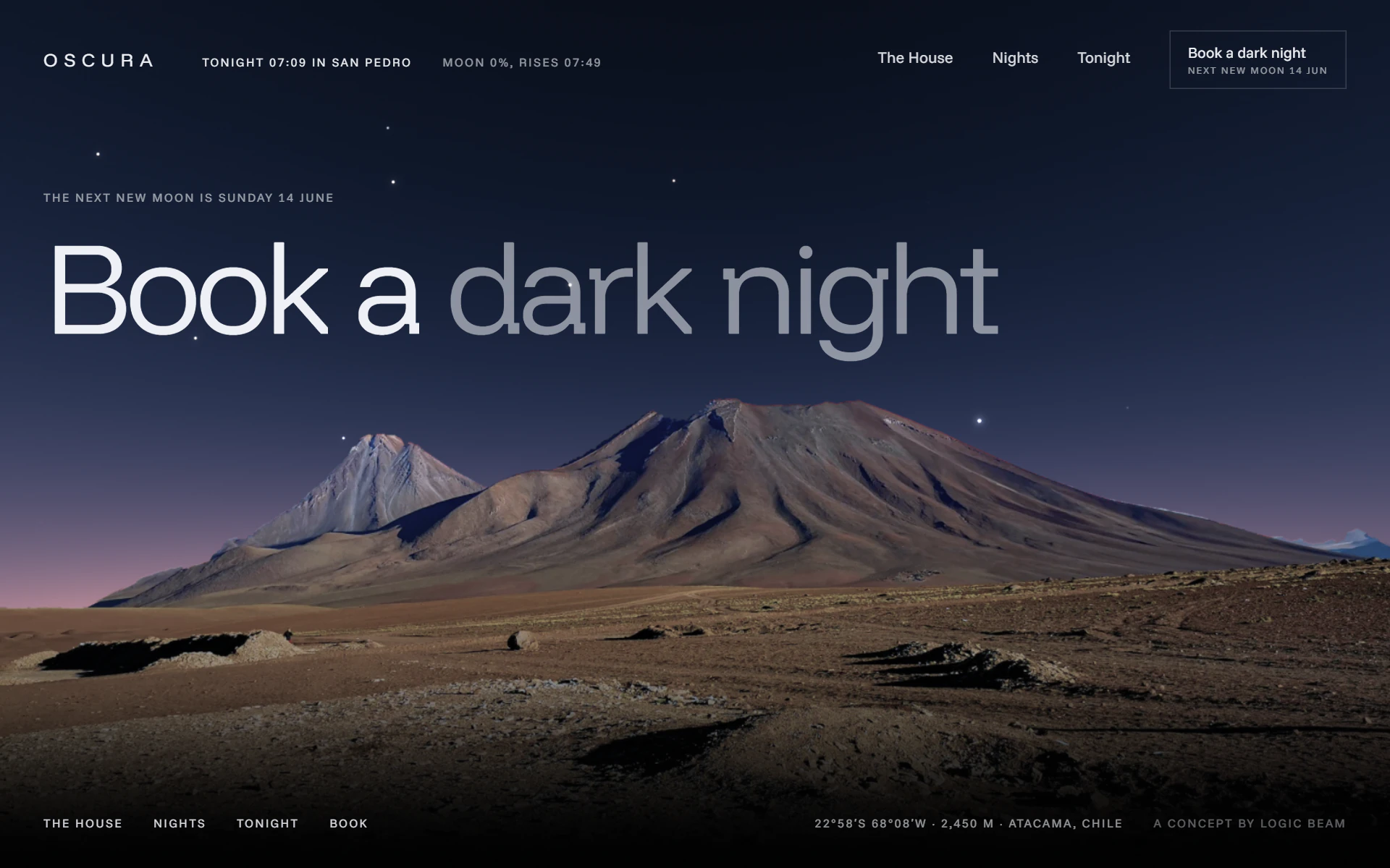 The footer at dawn: “Book a dark night” over Licancabur in blue and rose morning light.