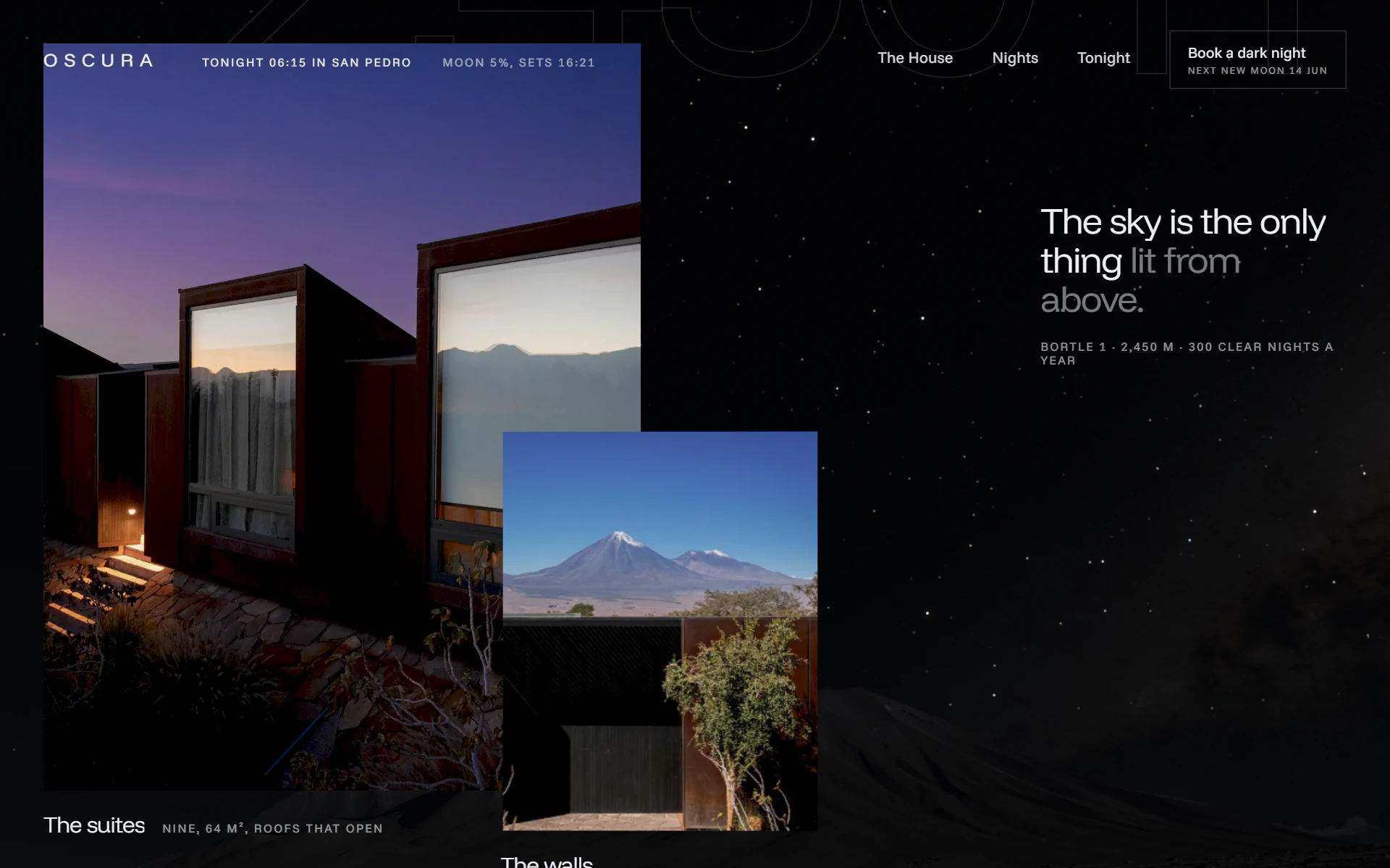 A collage of the house on the home page: a row of suites at dusk, Licancabur by day in a second photograph, and the line “The sky is the only thing lit from above.”