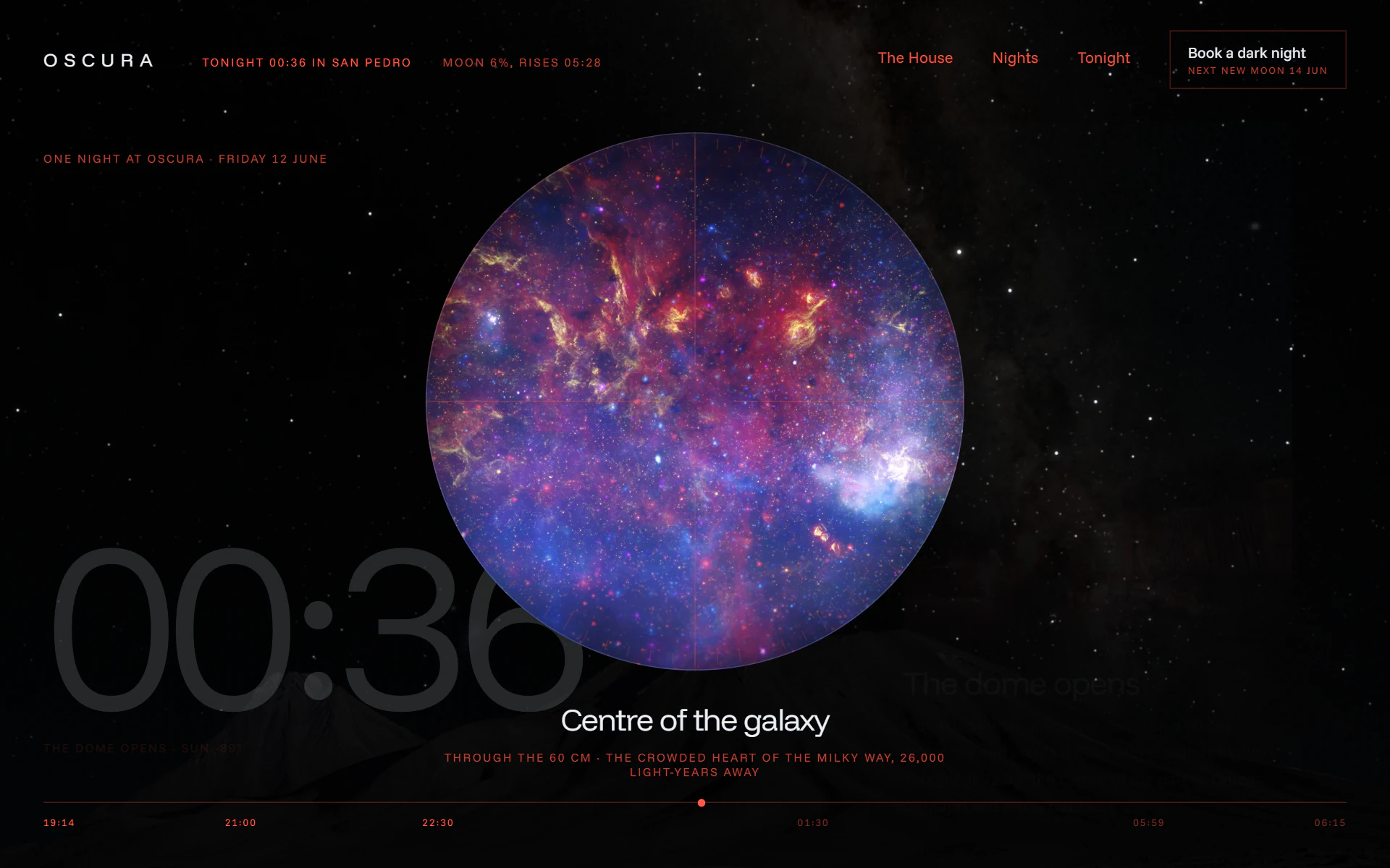 The eyepiece open at 00:36: a round view of the crowded centre of the Milky Way in red, gold and blue, captioned “Centre of the galaxy”, over the faded clock.