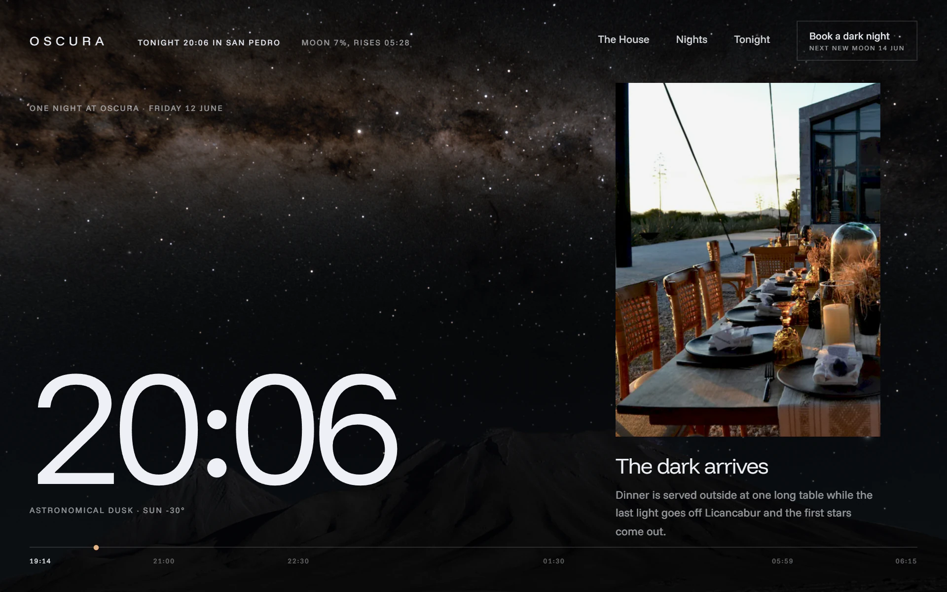 20:06 on a large clock beside “The dark arrives” and a photograph of a long table laid outside at dusk, the Milky Way across the sky and a meteor falling.