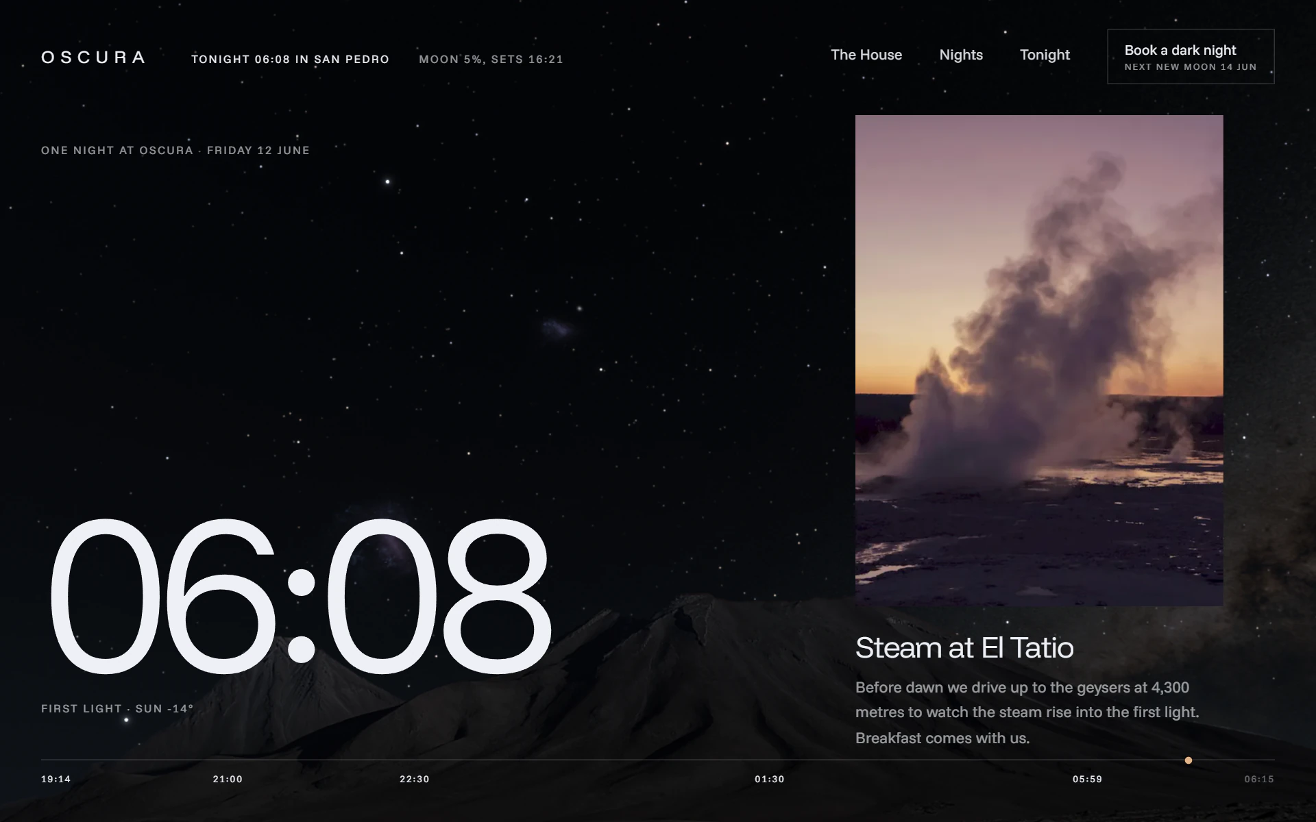 06:08 at first light: “Steam at El Tatio” beside a geyser steaming against a pink dawn.