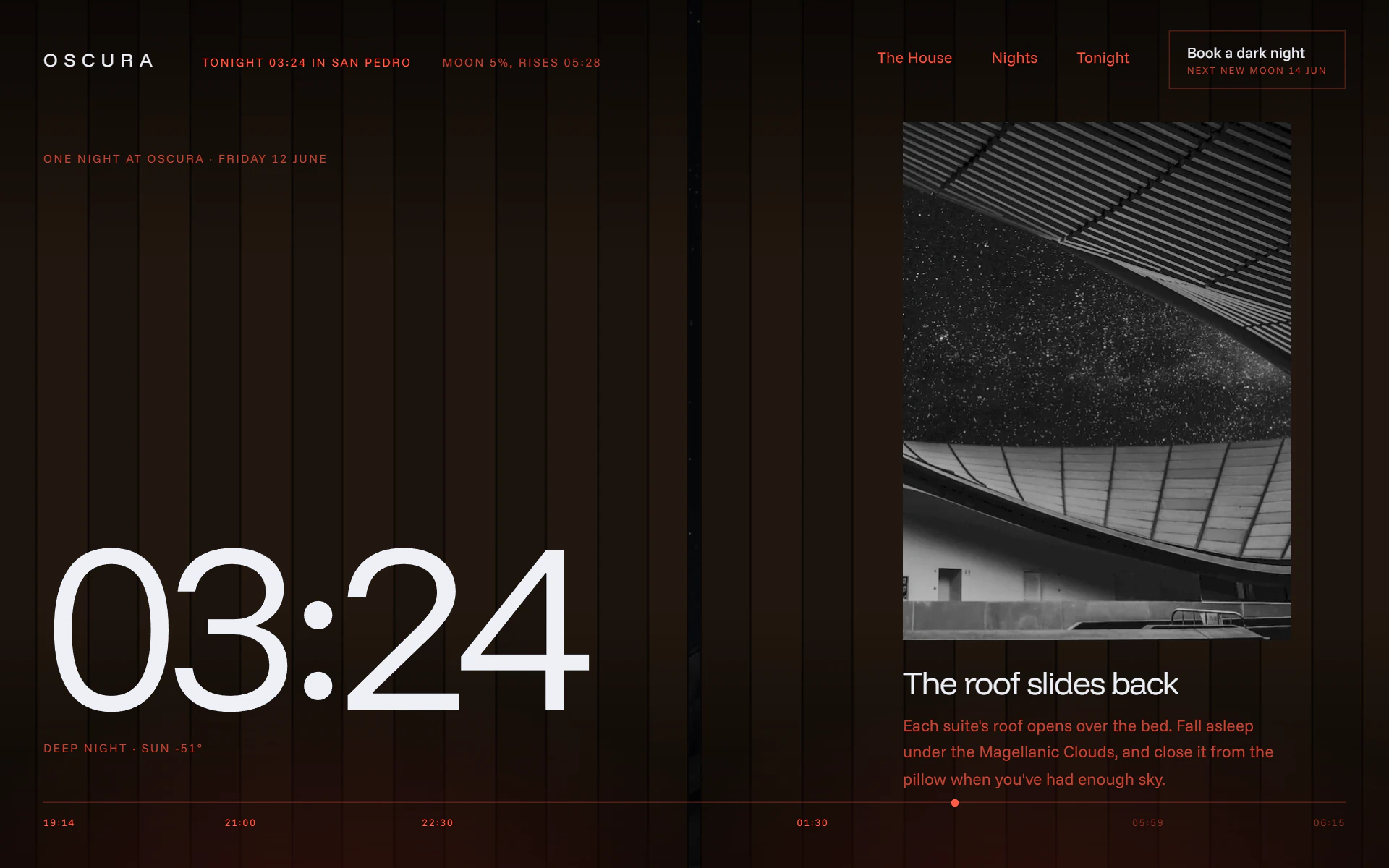03:24 under a suite's roof, its boards lit red from below as they slide back, beside “The roof slides back”.