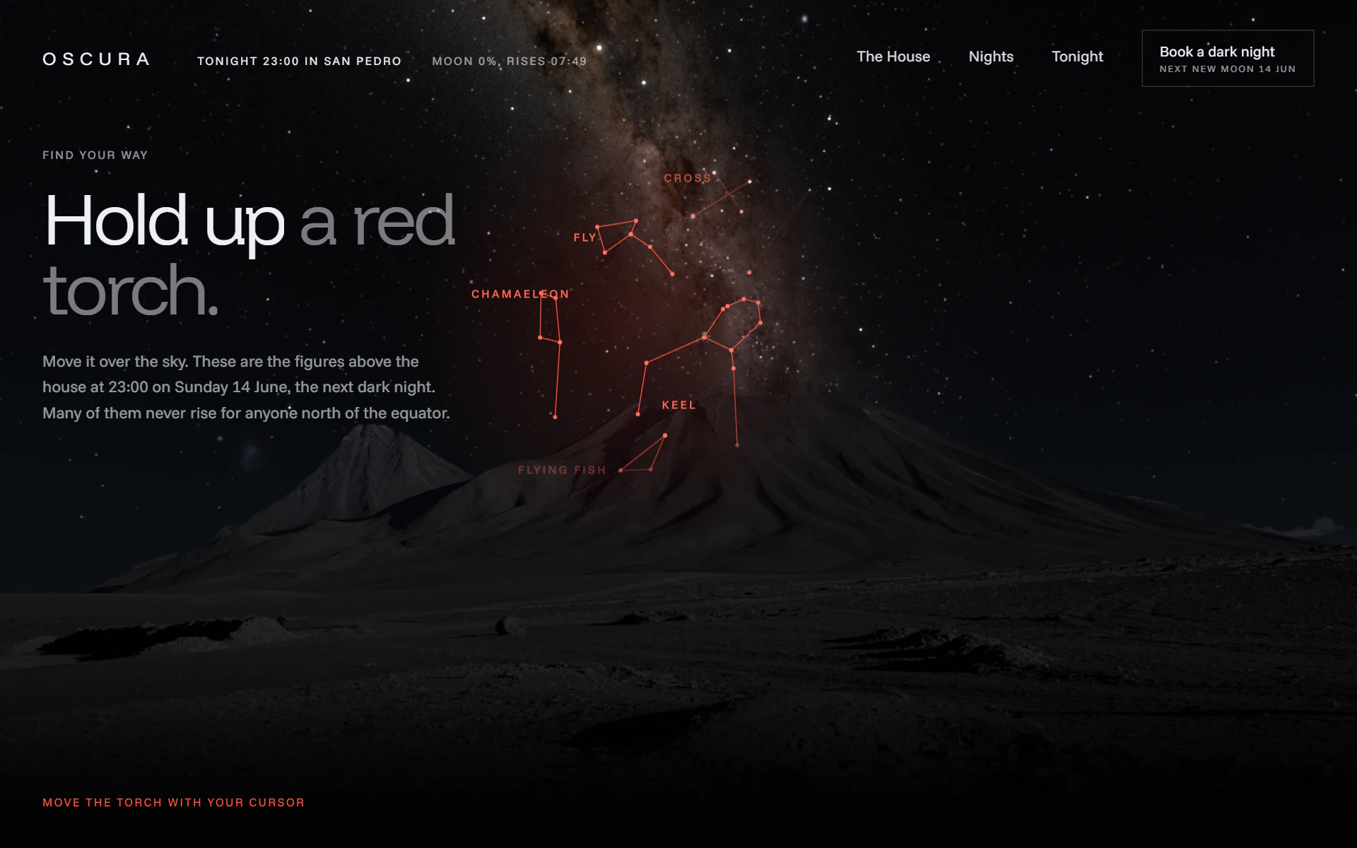 “Hold up a red torch.” A circle of red light over the Milky Way, with the figures of the Southern Cross, the Fly, the Chameleon, the Keel and the Flying Fish drawn inside it.