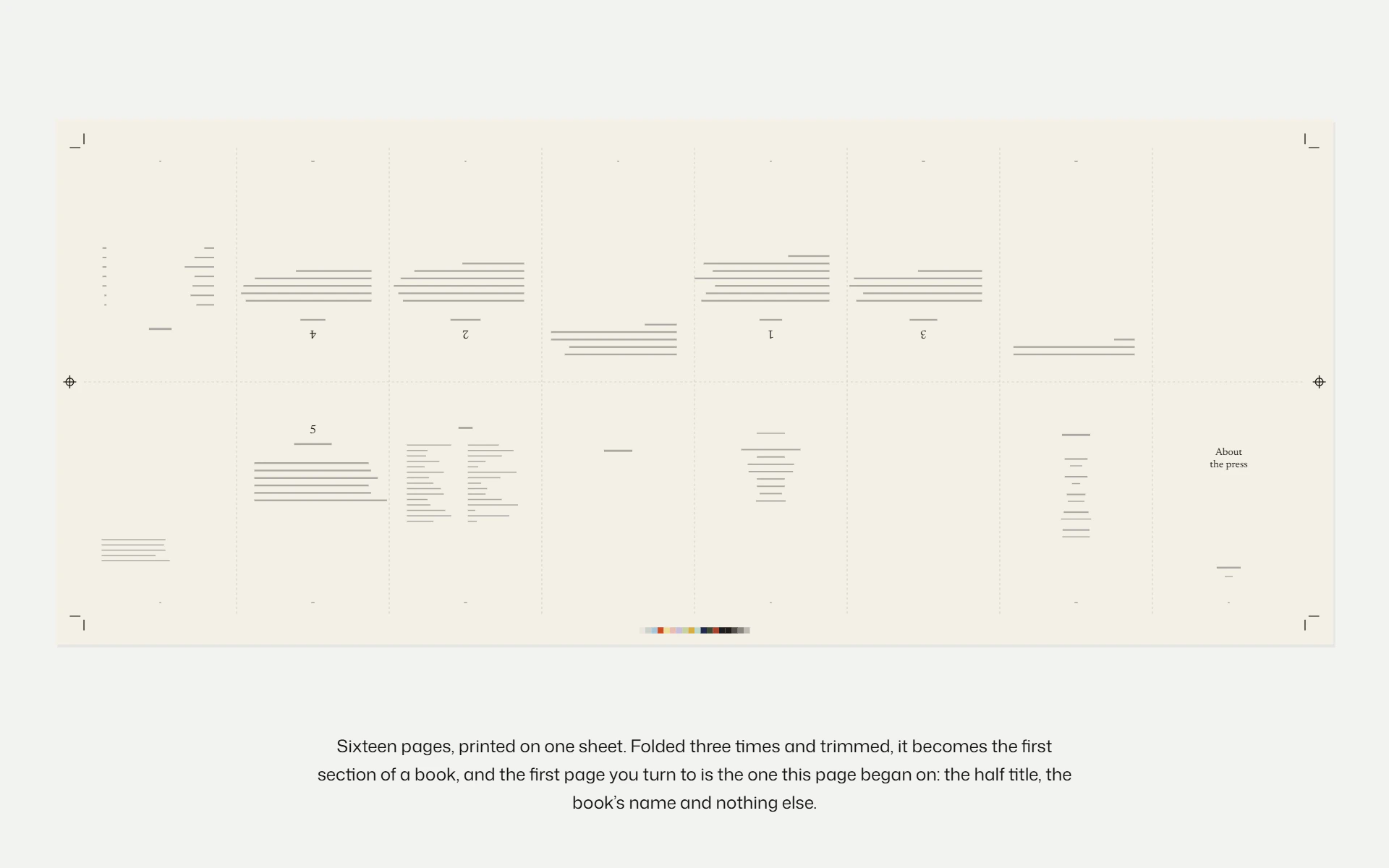 The whole press sheet: sixteen pages in two rows, the top row upside down, with crop marks and a colour bar.