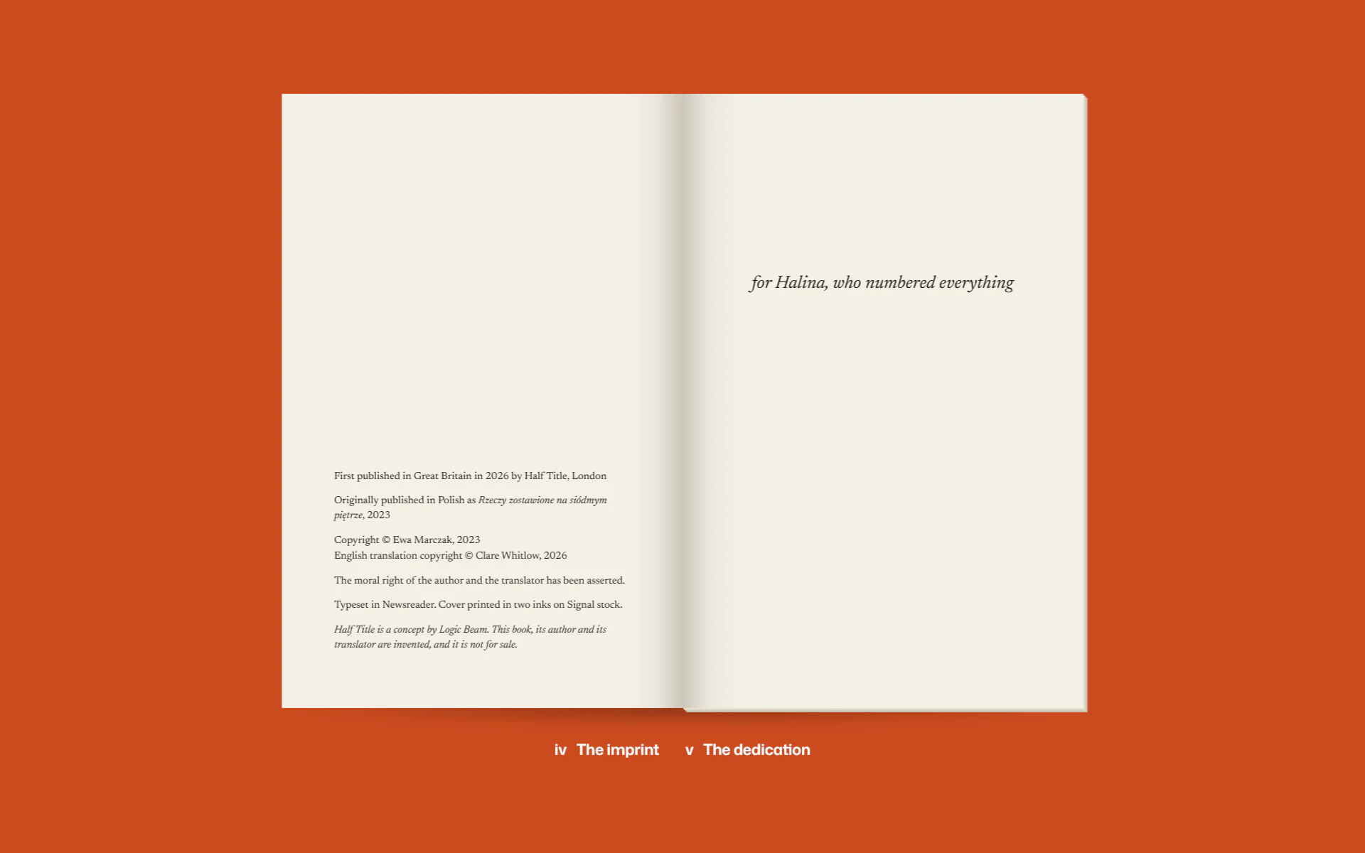 The imprint page in small type, opposite the dedication, “for Halina, who numbered everything”.