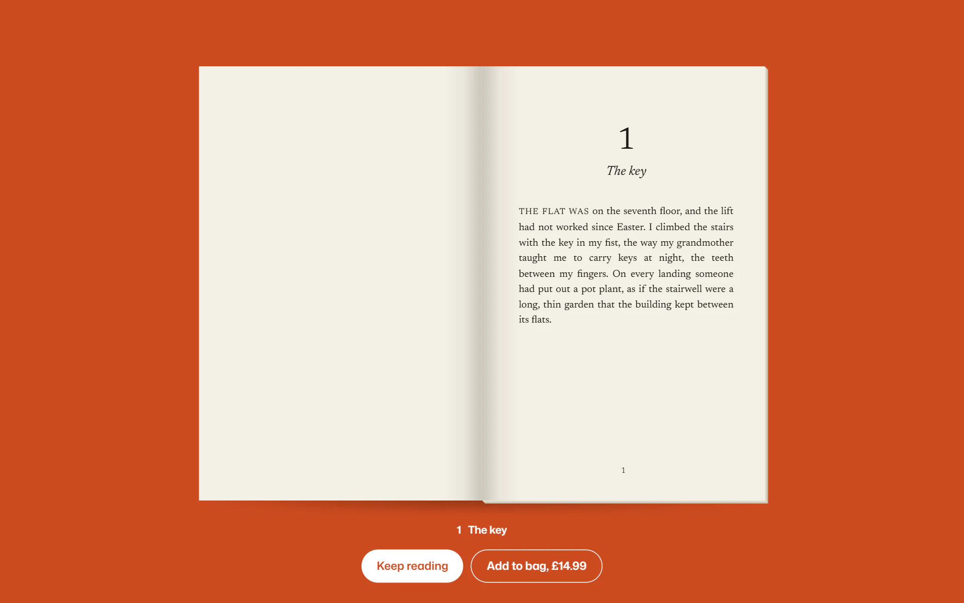 Chapter 1, “The key”, on the first page of the text, with Keep reading and Add to bag beneath the book.