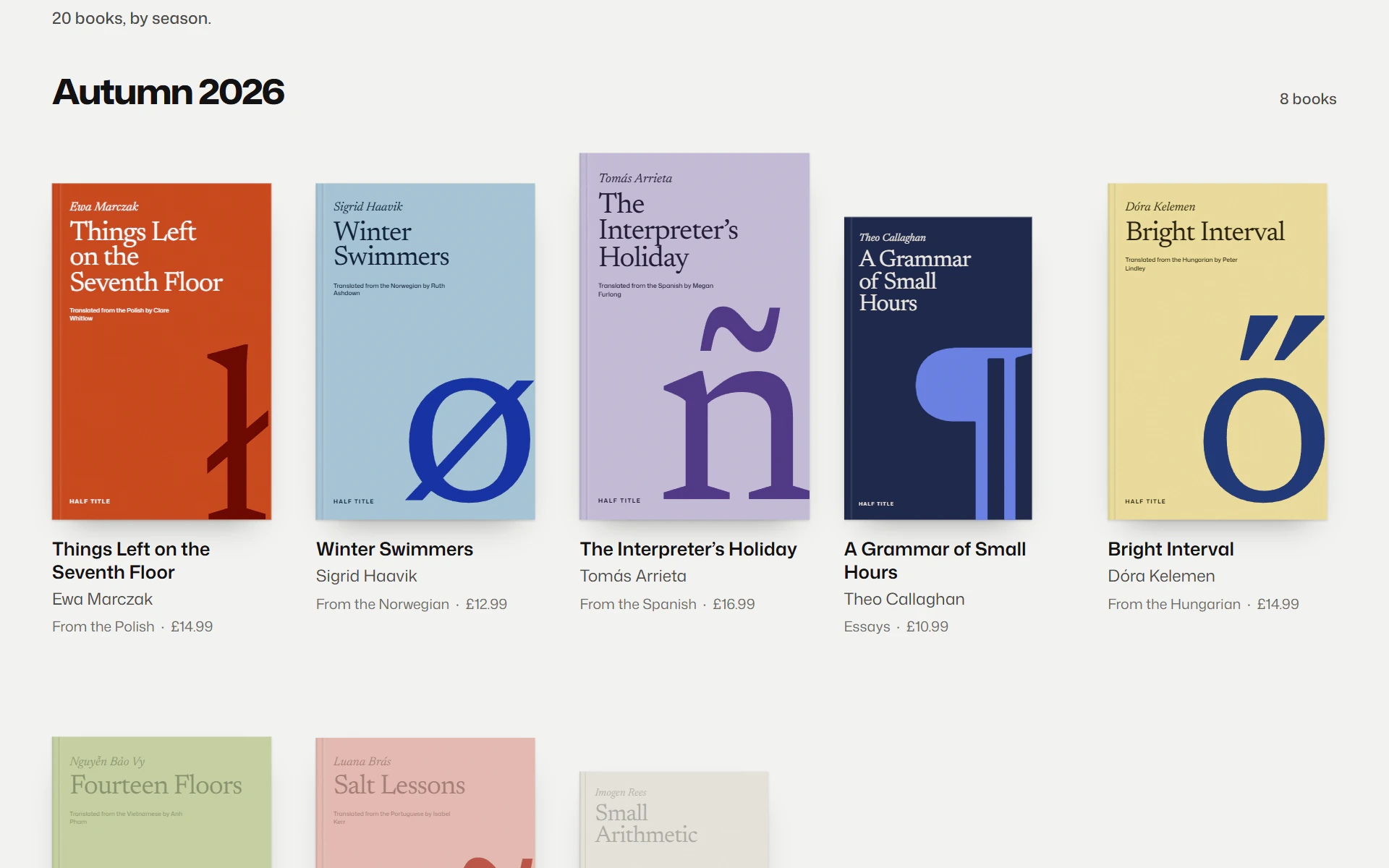 The Books page: covers at their true relative sizes in a grid, grouped by season.