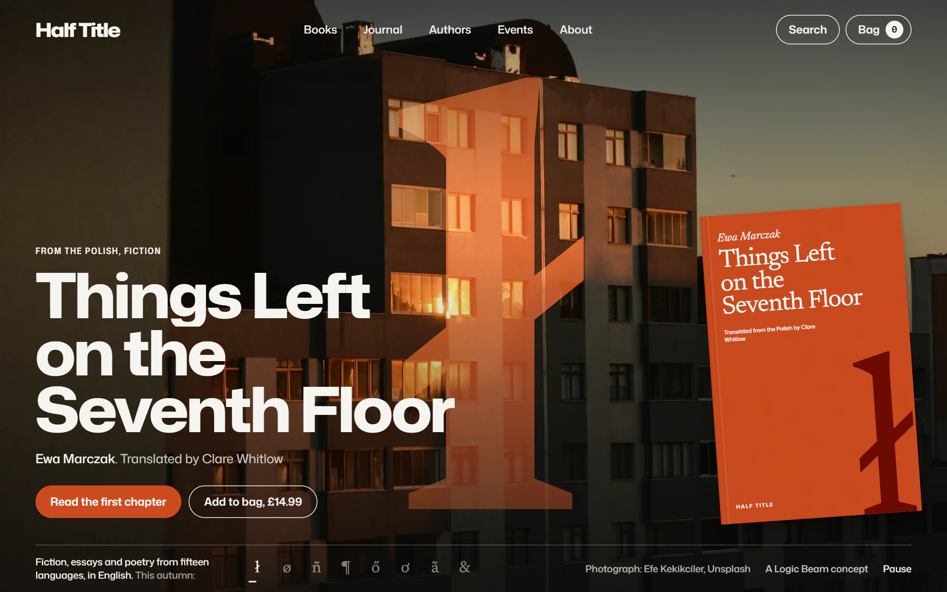 The Half Title home page: “Things Left on the Seventh Floor” over a block of flats in Gdańsk at sunset, a huge orange ł printed across the photograph and the book's orange cover leaning on the right.
