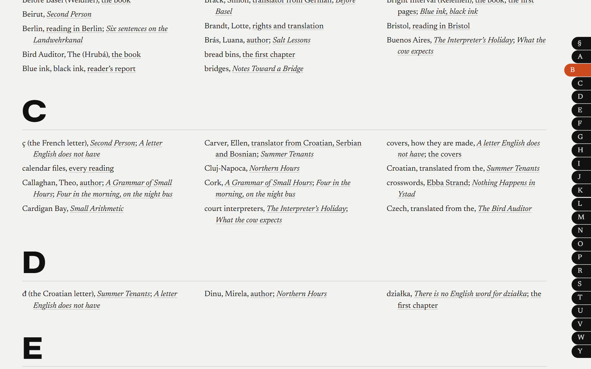Search as a back-of-book index: entries under C and D in three columns, and thumb notches down the right edge.