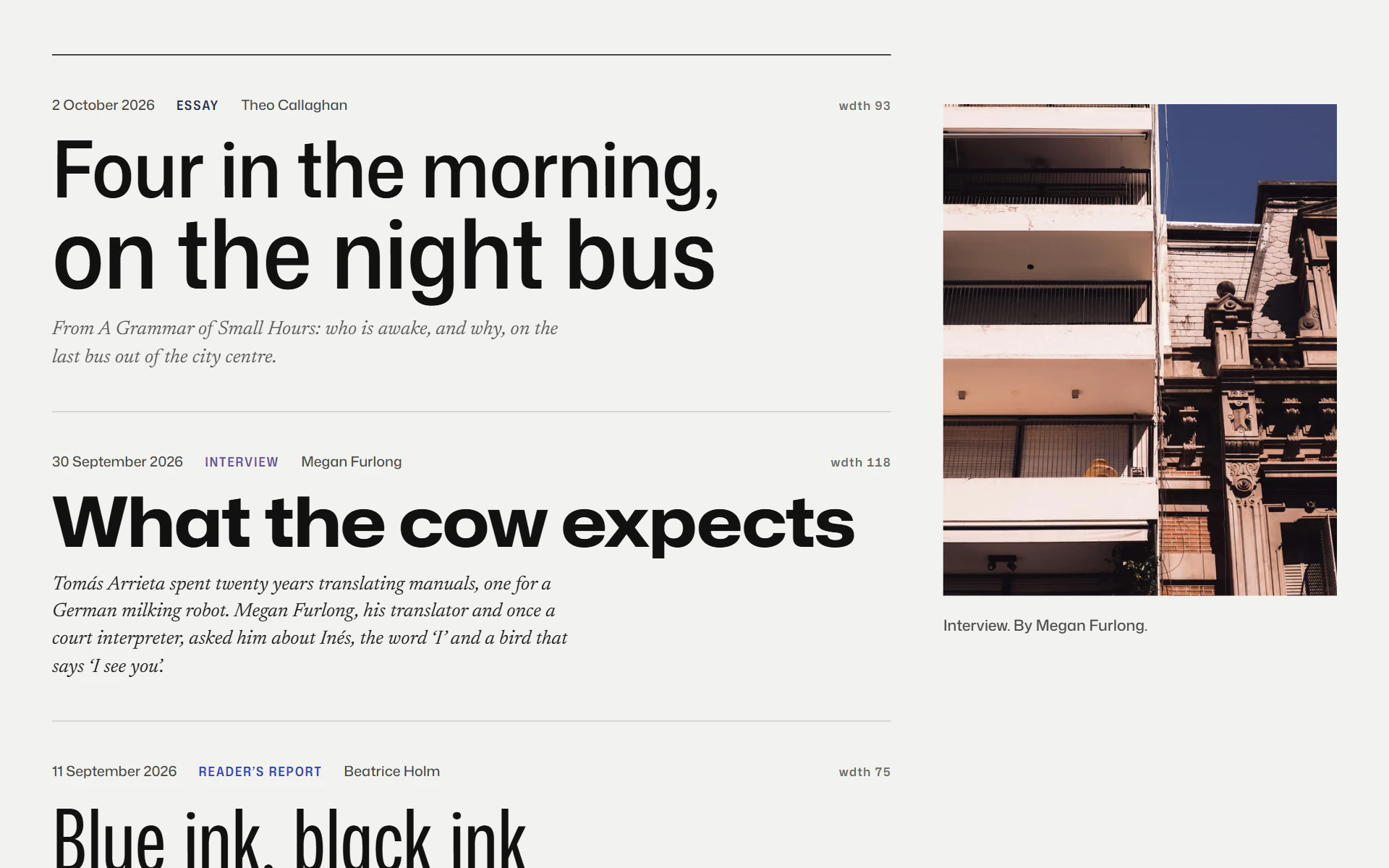 The Journal's contents, one title widened in the lens and the next condensed, beside a photograph for the piece in view.