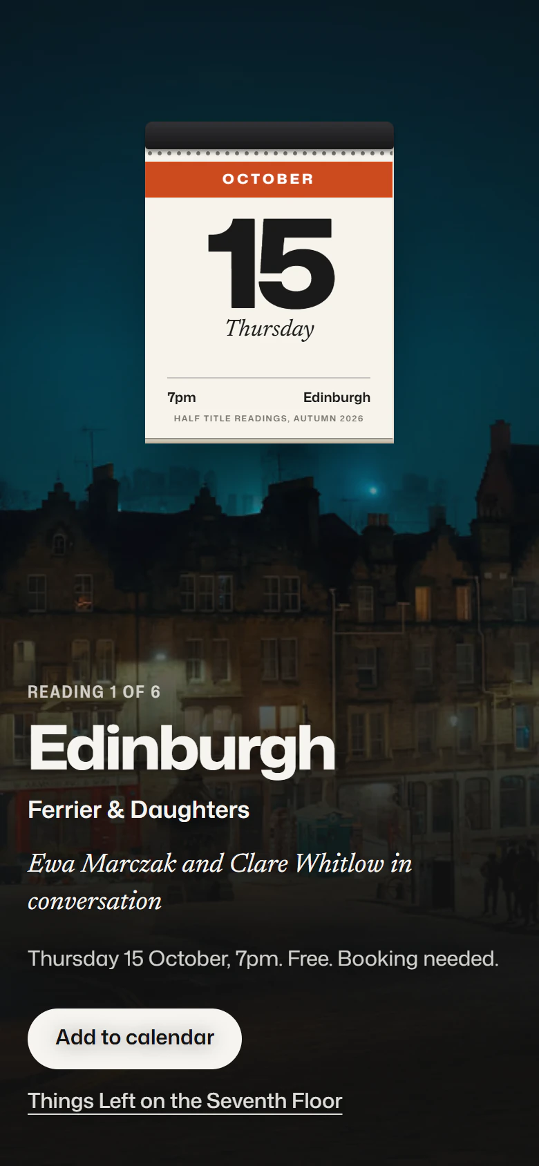 The Edinburgh calendar sheet above the reading's details, on a phone.