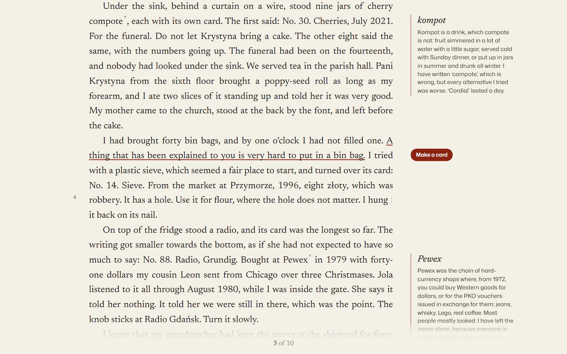 The reading room: justified book text on warm paper, one sentence underlined in red with a Make a card button beside it, and two translator's notes in the margin, on kompot and Pewex.