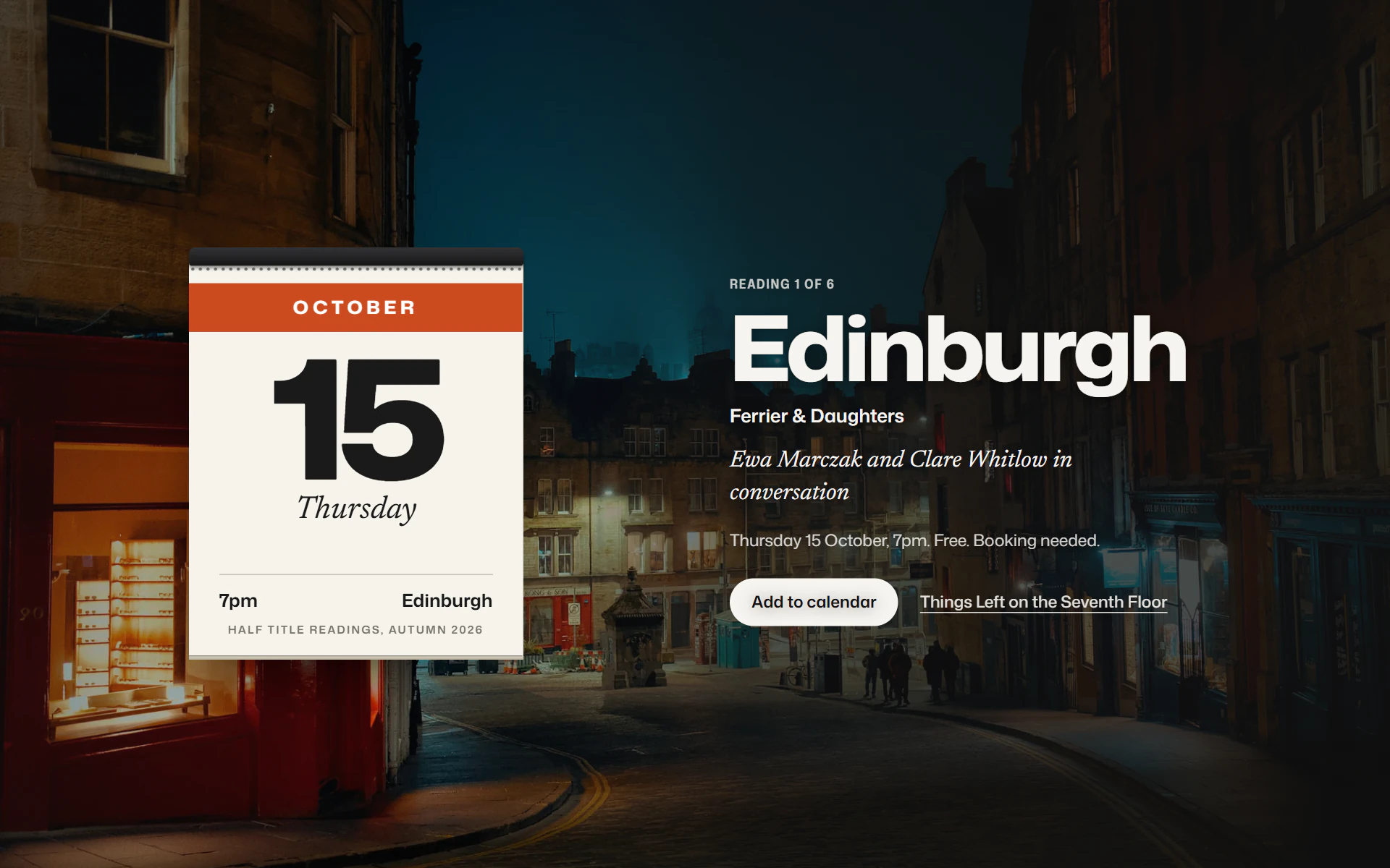 A tear-off calendar sheet for Thursday 15 October over a cobbled Edinburgh street at night, beside the reading's details.