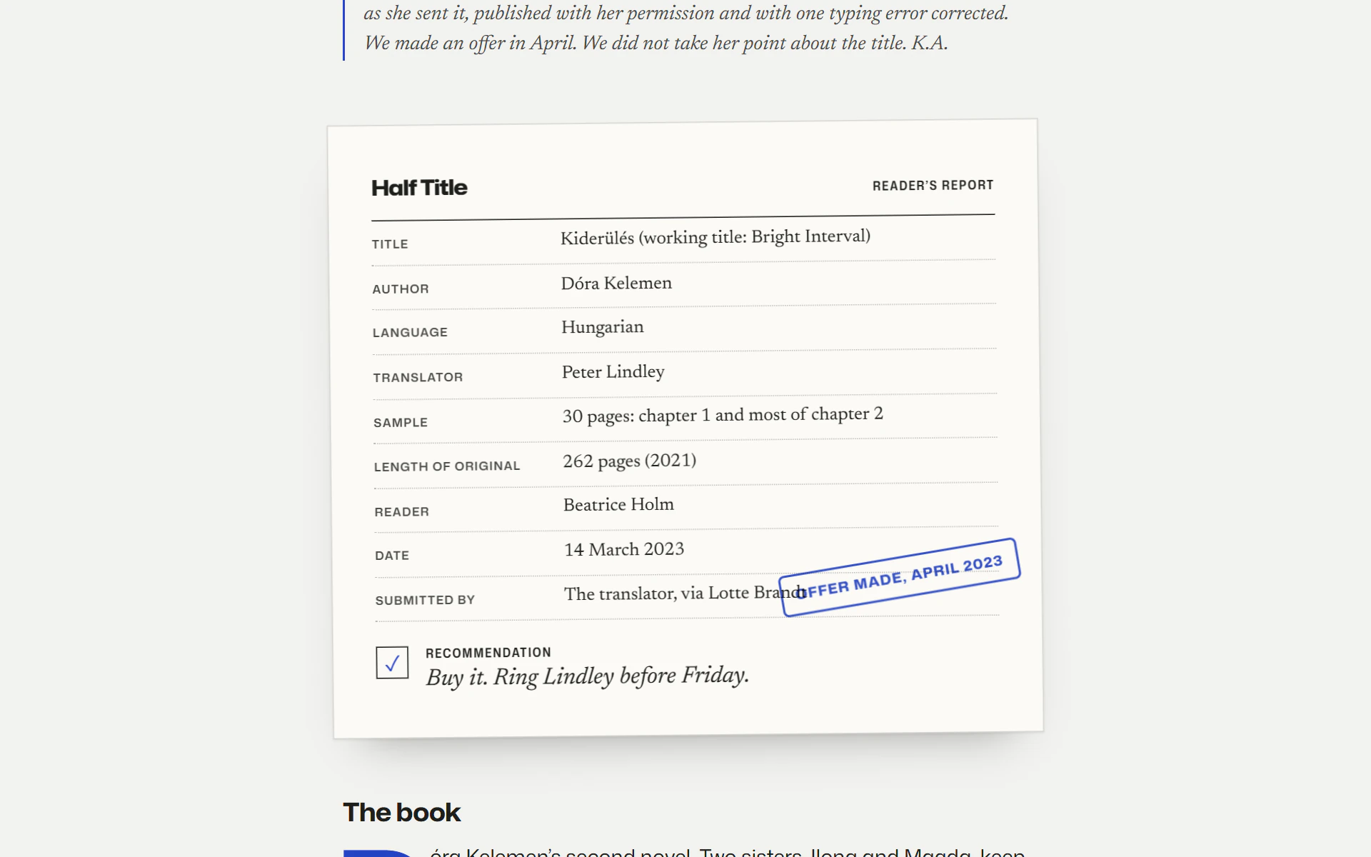 A reader's report form for Kiderülés by Dóra Kelemen, with the verdict “Buy it.” and a blue stamp, “Offer made, April 2023”.